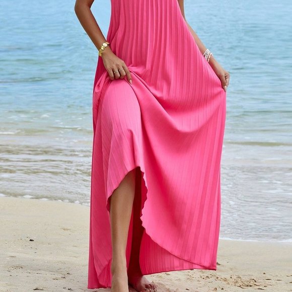 Pink Boho Womens Solid Pleated Detail Backless Halter Dress - Picture 5 of 5
